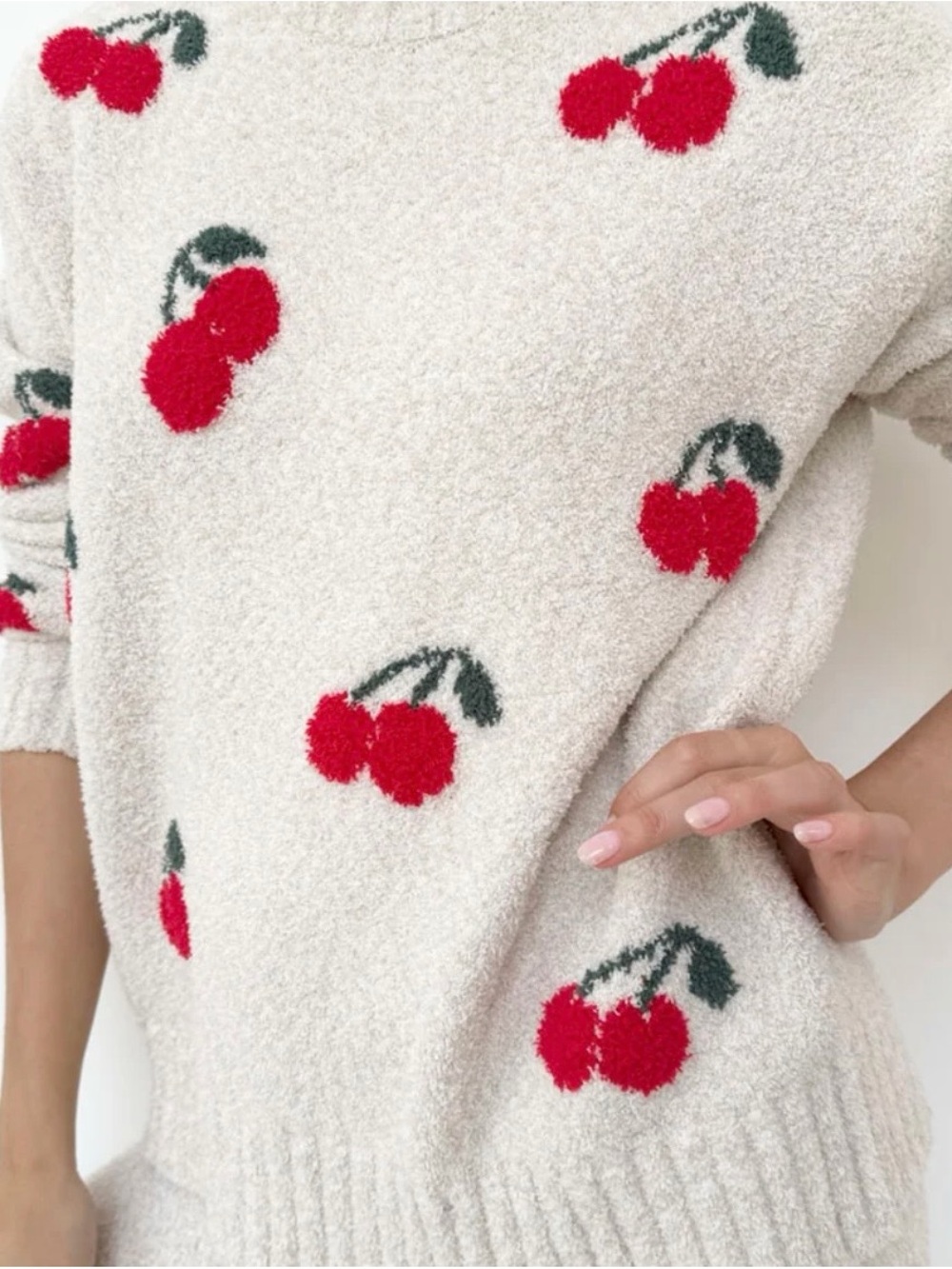 Splendid Cream Sweater with Red Cherry Motif